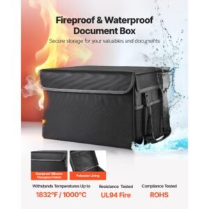 fireproof document box, 1832 f heat insulated fireproof & waterproof box, space saving and foldable design, portable home office travel file organizer, for passports, important documents, files