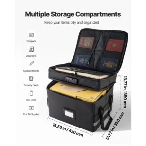 fireproof document box, 1832 fahrenheit heat insulated fireproof & waterproof box with lock, portable two layer file storage organizer home travel use, for passports, important documents, files