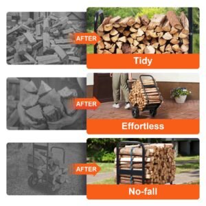 firewood log cart, 250 lbs capacity, outdoor and indoor wood rack storage mover with pu wheels & waterproof cloth, heavy duty steel dolly hauler, firewood carrier for fireplace, fire pit, black