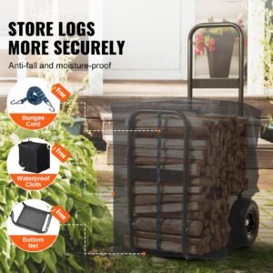 firewood log cart, 250 lbs capacity, outdoor and indoor wood rack storage mover with pu wheels & waterproof cloth, heavy duty steel dolly hauler, firewood carrier for fireplace, fire pit, black