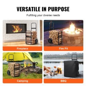 firewood log cart, 250 lbs capacity, outdoor and indoor wood rack storage mover with pu wheels & waterproof cloth, heavy duty steel dolly hauler, firewood carrier for fireplace, fire pit, black