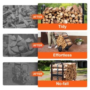 firewood log cart, 250 lbs load capacity, outdoor and indoor wood rack storage mover with pneumatic rubber wheels, heavy duty steel dolly hauler, firewood carrier for fireplace, fire pit, black