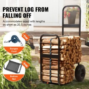 firewood log cart, 250 lbs load capacity, outdoor and indoor wood rack storage mover with pneumatic rubber wheels, heavy duty steel dolly hauler, firewood carrier for fireplace, fire pit, black