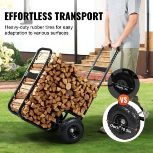 firewood log cart, 250 lbs load capacity, outdoor and indoor wood rack storage mover with pneumatic rubber wheels, heavy duty steel dolly hauler, firewood carrier for fireplace, fire pit, black
