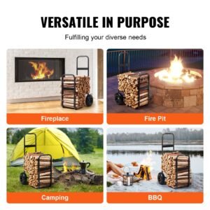 firewood log cart, 250 lbs load capacity, outdoor and indoor wood rack storage mover with pneumatic rubber wheels, heavy duty steel dolly hauler, firewood carrier for fireplace, fire pit, black