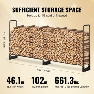 firewood rack with waterproof cover, 101 x 14 x 46 in outdoor firewood holder, 660lb weight capacity, 1/2 cord log holder, half covered, powder coated wood storage rack for fireplace deck