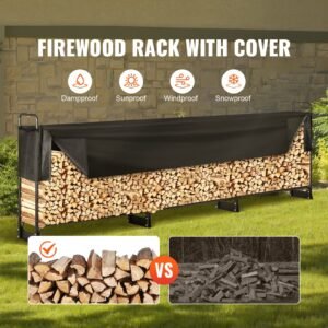 firewood rack with waterproof cover, 150 x 14 x 46 in outdoor firewood holder, 660lb weight capacity, 1/2 cord log holder, half covered, powder coated wood storage rack for fireplace deck