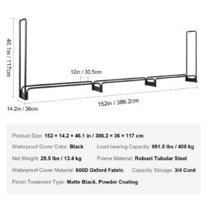 firewood rack with waterproof cover, 150 x 14 x 46 in outdoor firewood holder, 660lb weight capacity, 1/2 cord log holder, half covered, powder coated wood storage rack for fireplace deck