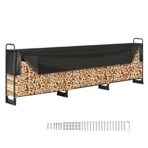 firewood rack with waterproof cover, 150 x 14 x 46 in outdoor firewood holder, 660lb weight capacity, 1/2 cord log holder, half covered, powder coated wood storage rack for fireplace deck