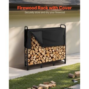 firewood rack with waterproof cover, 4 ft outdoor firewood holder, 1/4 cord storage metal log holder, 400lb max weight capacity, top covered, powder coated wood storage rack for fireplace deck