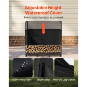 firewood rack with waterproof cover, 4 ft outdoor firewood holder, 1/4 cord storage metal log holder, 400lb max weight capacity, top covered, powder coated wood storage rack for fireplace deck