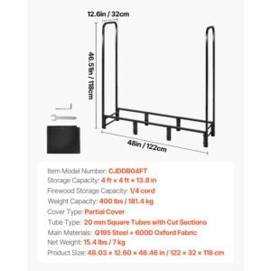 firewood rack with waterproof cover, 4 ft outdoor firewood holder, 1/4 cord storage metal log holder, 400lb max weight capacity, top covered, powder coated wood storage rack for fireplace deck