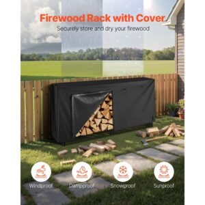 firewood rack with waterproof cover, 8 ft outdoor firewood holder, 1/2 cord storage metal log holder, 660lb max weight capacity, top covered, powder coated wood storage rack for fireplace deck