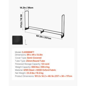 firewood rack with waterproof cover, 8 ft outdoor firewood holder, 1/2 cord storage metal log holder, 660lb max weight capacity, top covered, powder coated wood storage rack for fireplace deck