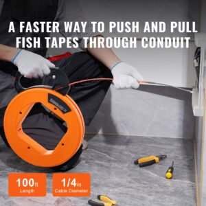 fish tape, 100 foot, 1/4 inch, pet wire puller with optimized housing and handle, easy to use cable puller tool, flexible wire fishing tools for walls and electrical conduit, non conductive