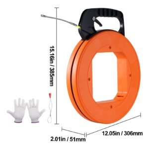 fish tape, 100 ft, 1/16 inch, fiberglass wire puller with optimized housing and handle, easy to use cable puller tool, flexible wire fishing tools for wall and electrical conduit, non conductive