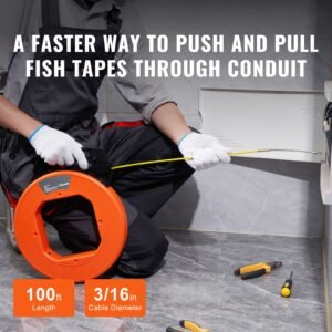 fish tape, 100 ft, 3/16 inch, fiberglass cable guide with enhanced casing and grip, user friendly wire routing instrument, bendable wiring aid for walls and electrical ducts, insulating