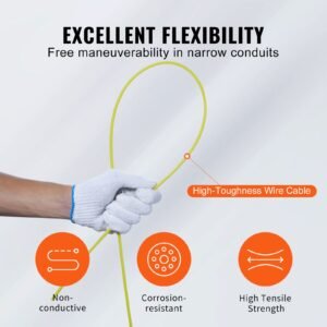 fish tape, 100 ft, 3/16 inch, fiberglass cable guide with enhanced casing and grip, user friendly wire routing instrument, bendable wiring aid for walls and electrical ducts, insulating