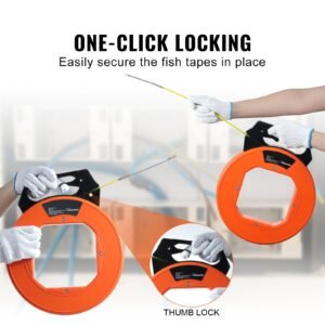 fish tape, 100 ft, 3/16 inch, fiberglass cable guide with enhanced casing and grip, user friendly wire routing instrument, bendable wiring aid for walls and electrical ducts, insulating