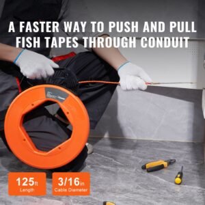 fish tape, 125 foot, 3/16 inch, pet wire puller with optimized housing and handle, easy to use cable puller tool, flexible wire fishing tools for walls and electrical conduit, non conductive