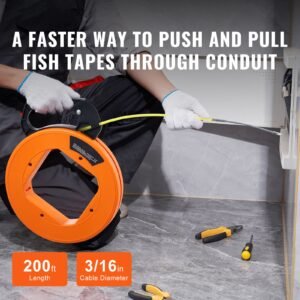 fish tape, 200 ft, 3/16 inch, fiberglass wire puller with optimized housing and handle, easy to use cable puller tool, flexible wire fishing tools for wall and electrical conduit, non conductive