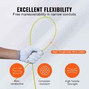 fish tape, 200 ft, 3/16 inch, fiberglass wire puller with optimized housing and handle, easy to use cable puller tool, flexible wire fishing tools for wall and electrical conduit, non conductive