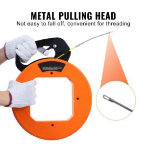 fish tape, 200 ft, 3/16 inch, fiberglass wire puller with optimized housing and handle, easy to use cable puller tool, flexible wire fishing tools for wall and electrical conduit, non conductive