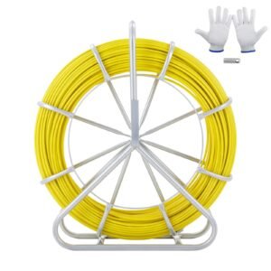 Fish Tape Fiberglass, 425 ft, 1/4 inch, Duct Rodder Fishtape Wire Puller, Cable Running Rod with Steel Reel Stand, 3 Pulling Heads, Fishing Tools for Walls and Electrical Conduit, Non-Conductive