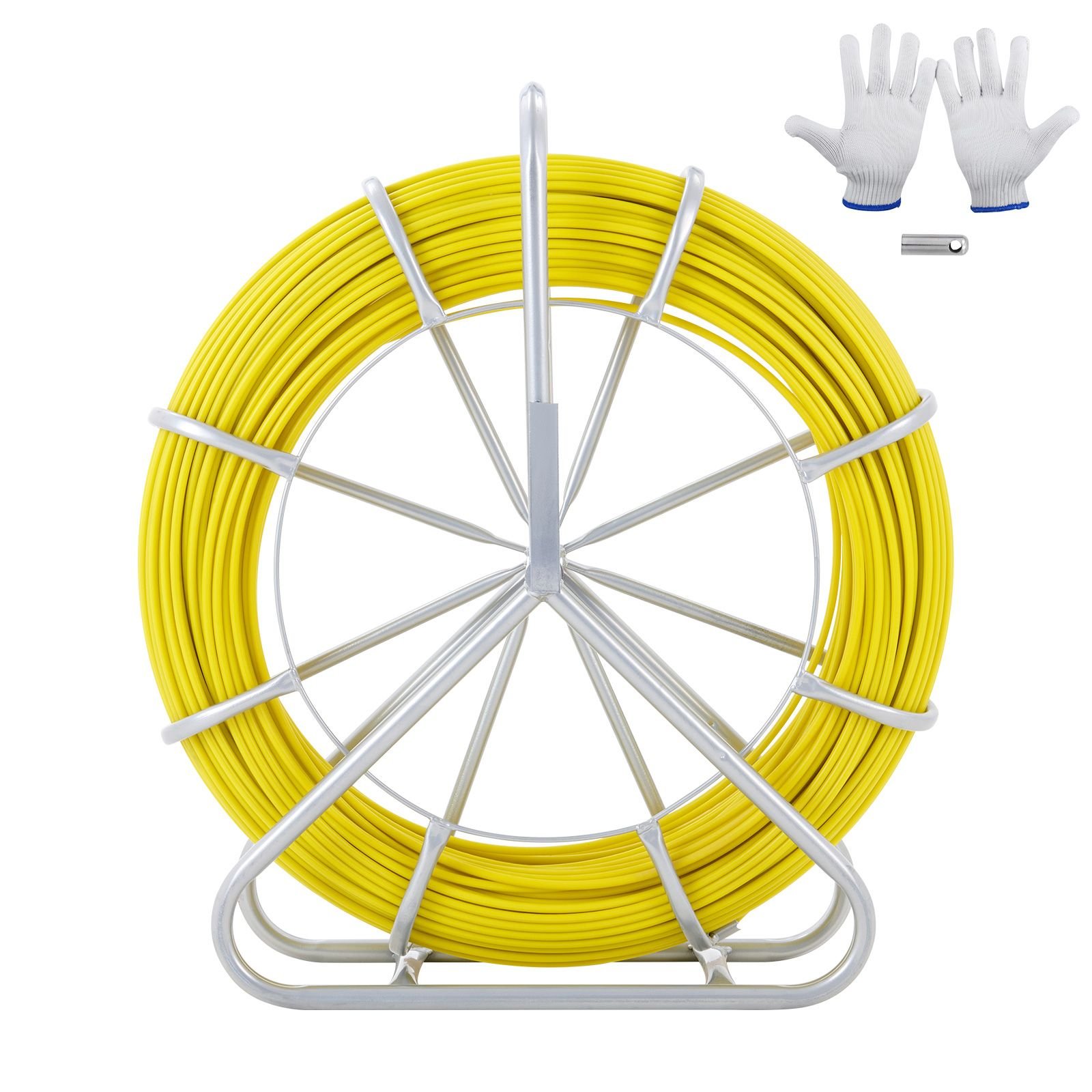 fish tape fiberglass, 425 ft, 1/4 inch, duct rodder fishtape wire puller, cable running rod with steel reel stand, 3 pulling heads, fishing tools for walls and electrical conduit, non conductive