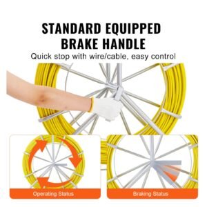 fish tape fiberglass, 492 ft, 5/16 in, duct rodder fishtape wire puller, cable running rod with steel reel stand, 3 pulling heads, fishing tools for walls and electrical conduit, non conductive