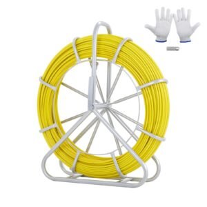 fish tape fiberglass, 492 ft, 5/16 in, duct rodder fishtape wire puller, cable running rod with steel reel stand, 3 pulling heads, fishing tools for walls and electrical conduit, non conductive