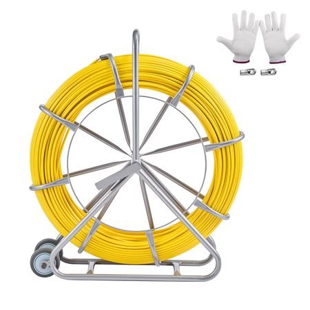fish tape fiberglass, 656 ft, 5/16 in, duct rodder fishtape wire puller, cable running rod with steel reel stand, 3 pulling heads, fishing tools for walls and electrical conduit, non conductive