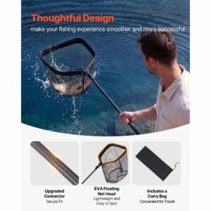 fishing net, foldable landing nets with telescopic handle, portable lightweight carbon fiber long fish gear, nylon covered pvc, durable and fish friendly, for kayak boat bank pond, gifts for men