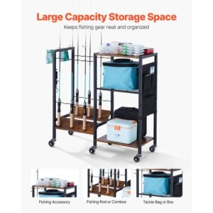fishing rod holder for 12 rods, mobile fishing pole rack cart with wheels, fish gear equipment organizer for garage home indoor use, for tackle box reel accessories storage, gifts for men