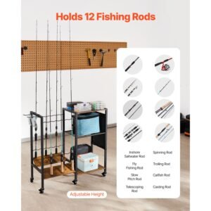 fishing rod holder for 12 rods, mobile fishing pole rack cart with wheels, fish gear equipment organizer for garage home indoor use, for tackle box reel accessories storage, gifts for men
