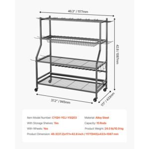 fishing rod holder for 15 rods, mobile fishing pole rack cart with wheels, fish gear equipment organizer for garage home indoor use, for tackle box reel accessories storage, gifts for men