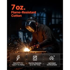 flame resistant welding jacket, 7oz. fr shirts for men, machine washable cotton heat resistant welding shirt, meets atpv 9.2 cal/cm² arc rating xxl size