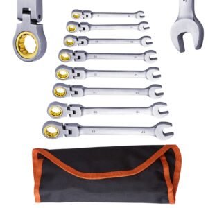 flex head ratcheting wrench set, 8 piece combination wrench set with roll up pouch, cr v steel flexible ratcheting wrench set metric 8 mm to 17 mm, ideal for general household, auto repairs