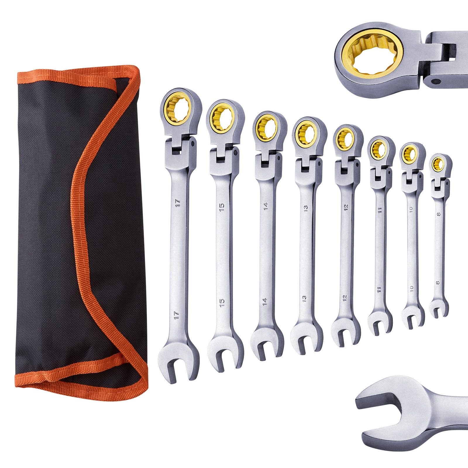 flex head ratcheting wrench set, 8 piece combination wrench set with roll up pouch, cr v steel flexible ratcheting wrench set metric 8 mm to 17 mm, ideal for general household, auto repairs