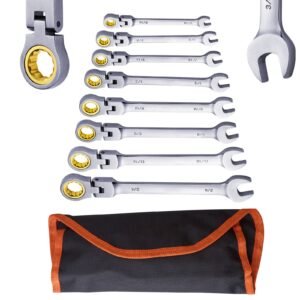 flex head ratcheting wrench set, 8 piece combination wrench set with roll up pouch, cr v steel flexible ratcheting wrench set sae 5/16" to 3/4", ideal for general household, workshop, garage