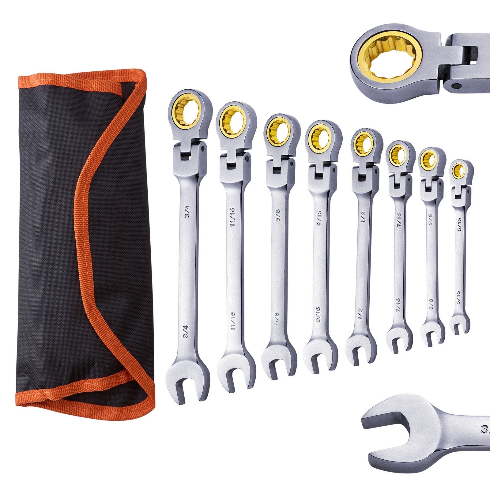 flex head ratcheting wrench set, 8 piece combination wrench set with roll up pouch, cr v steel flexible ratcheting wrench set sae 5/16" to 3/4", ideal for general household, workshop, garage