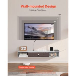 floating tv stand, 47 in wall mount entertainment center with cable hole, modern floating tv shelf with storage cabinet, particle board console for dvd player, cable box, game console, white