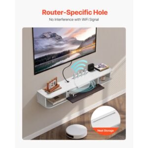 floating tv stand, 47 in wall mount entertainment center with cable hole, modern floating tv shelf with storage cabinet, particle board console for dvd player, cable box, game console, white