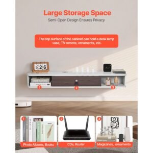 floating tv stand, 47 in wall mount entertainment center with cable hole, modern floating tv shelf with storage cabinet, particle board console for dvd player, cable box, game console, white