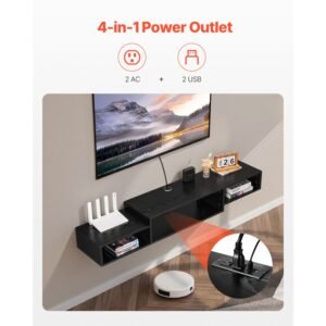 floating tv stand, 59" wall mount entertainment center with power outlet & cable hole, modern floating tv shelf with storage cabinet for dvd player, cable box, game console, tv accessory, black
