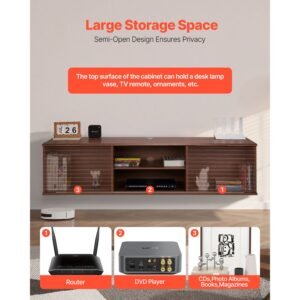 floating tv stand, 60" wall mount entertainment center with adjustable shelf & sliding doors, 2 tiers floating tv shelf with storage cabinet for dvd player, cable box, game console, walnut