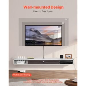 floating tv stand, 70 in wall mount entertainment center with cable hole, modern floating tv shelf with storage cabinet, particle board console for dvd player, cable box, game console, white