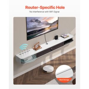 floating tv stand, 70 in wall mount entertainment center with cable hole, modern floating tv shelf with storage cabinet, particle board console for dvd player, cable box, game console, white