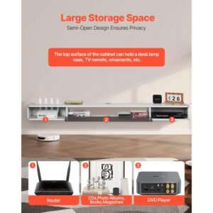 floating tv stand, 70 in wall mount entertainment center with cable hole, modern floating tv shelf with storage cabinet, particle board console for dvd player, cable box, game console, white