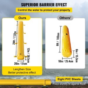 flood bag, 24 ft length x 12 in height, reusable pvc water diversion tubes, lightweight with excellent waterproof effect used for doorways, garages, yellow